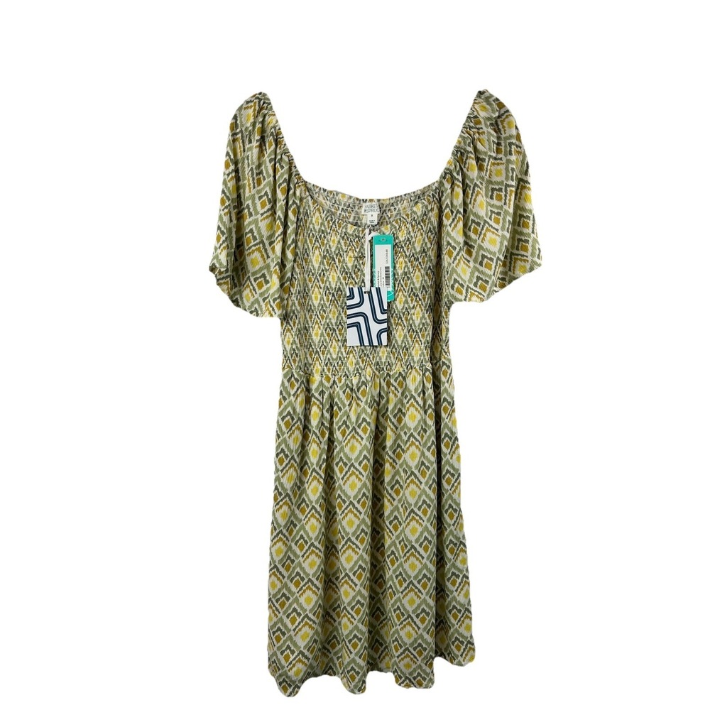NWT Market & Spruce Cora Dress M Yellow Olive Ikat‎ Smocked Bodice Cottagecore
